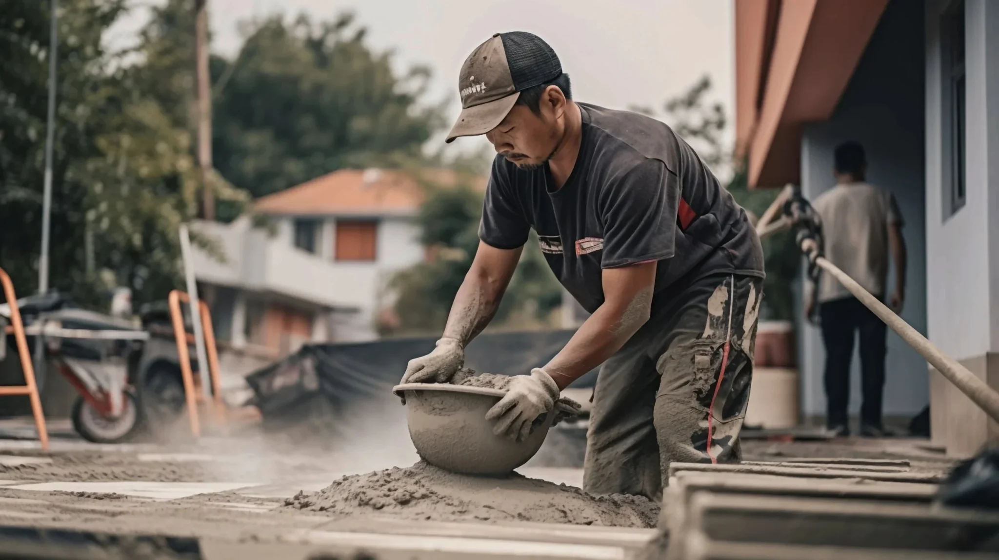 concrete lubbock-Construction worker mixes cement with a trowel on a building site.